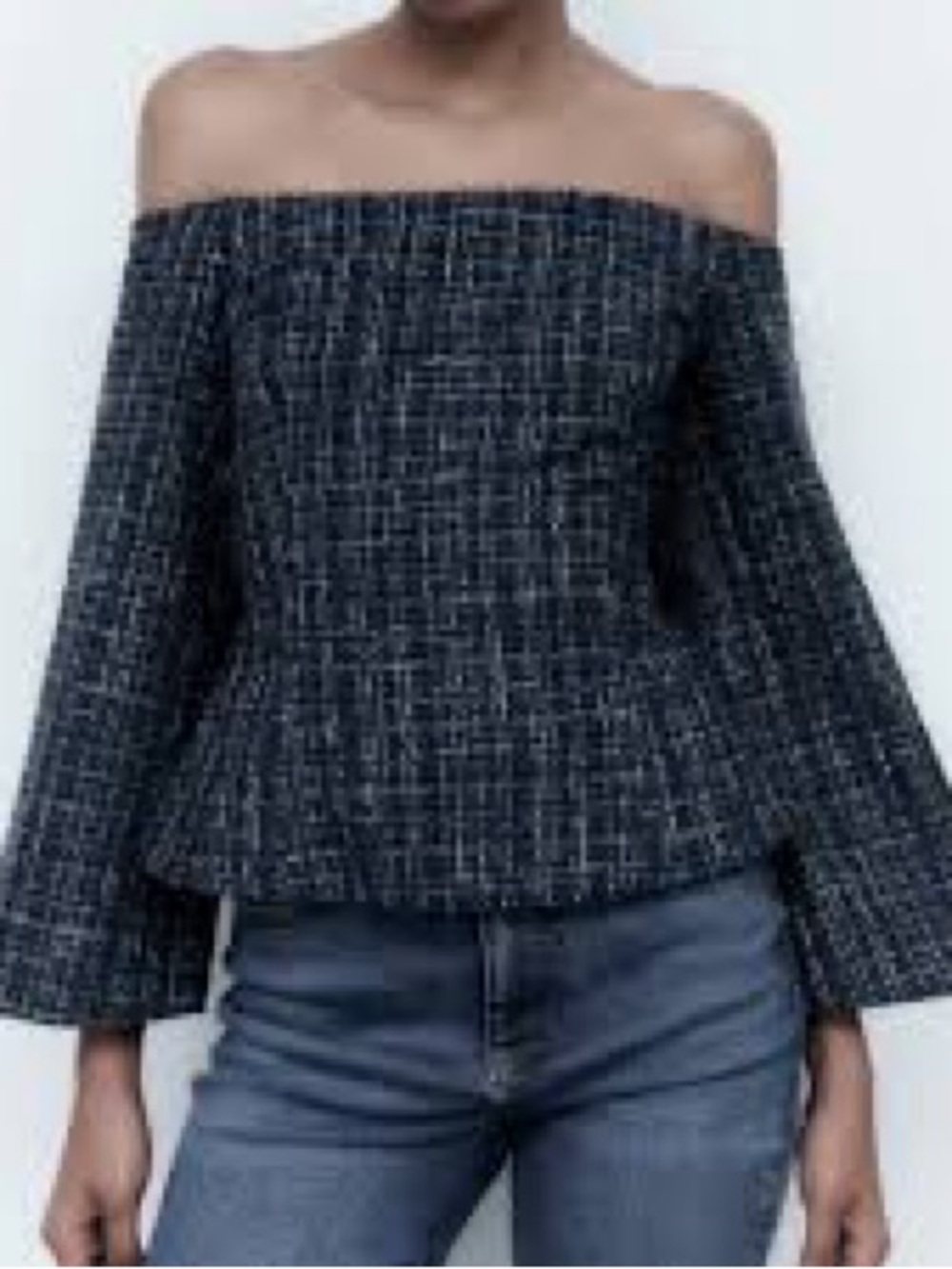 Zara Off-Shoulder Navy and White Tweed Peplum Top